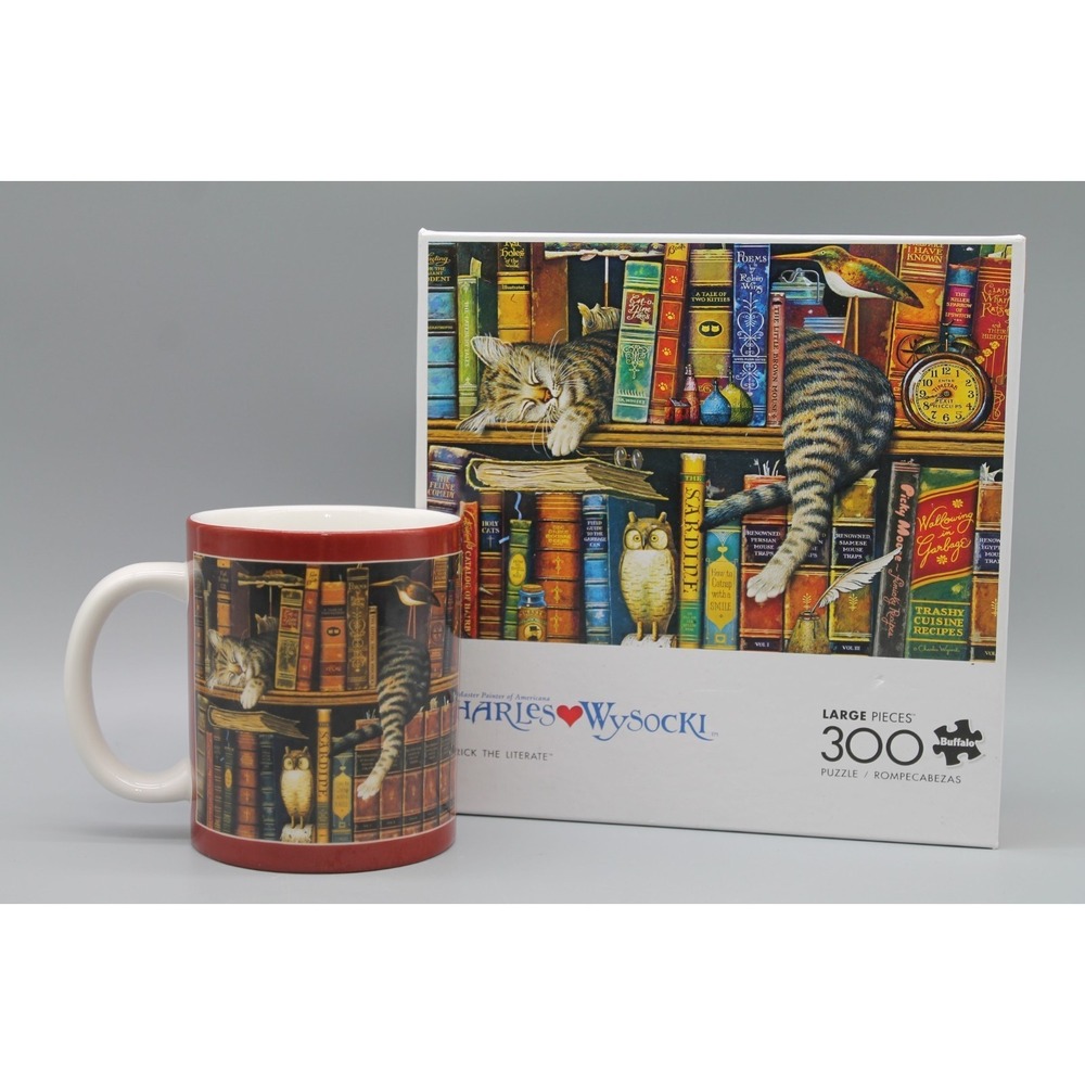 Charles Wysocki Frederick the Literate Cat Mug 300 Pc Puzzle Book Lover Library